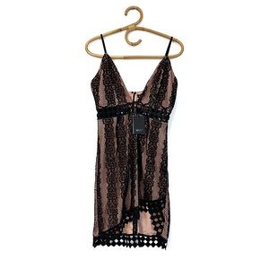 Revolve | NBD | Black Nude Lace Plunge Neckline‎ Mini Dress Size S